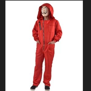 Adult Red Bank Robber Costume XL TV Heist Jumpsuit Mask Halloween Cosplay Set